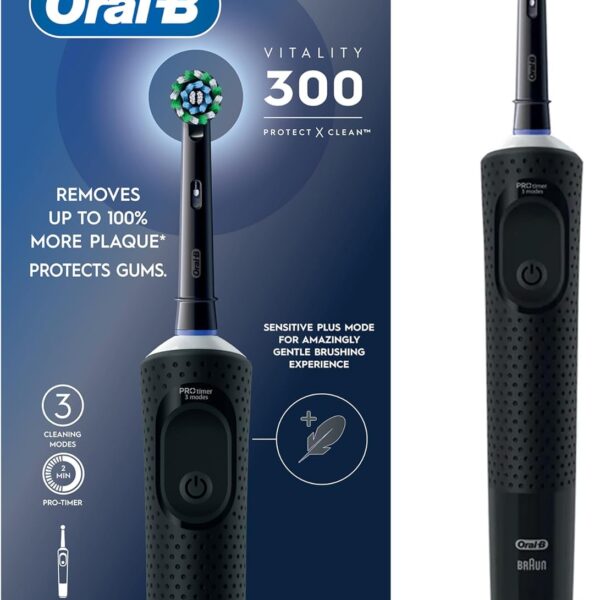 Oral B Vitality 300 Rechargeable Toothbrush with CrossAction Brush Head, 3 Cleaning Modes & 2 Minutes Built-in Timer D103.413.3 Black