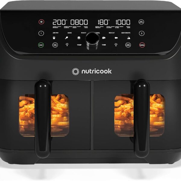 Nutricook Air Fryer Duo2Vision with Clear Window&Internal Light,8.5L Independently Controlled Dual Baskets,Air Fry,Bake, Roast,Broil,Reheat&Dehydrate,6 Presets,AFD185V,Black,2400 Watts,2 Year Warranty