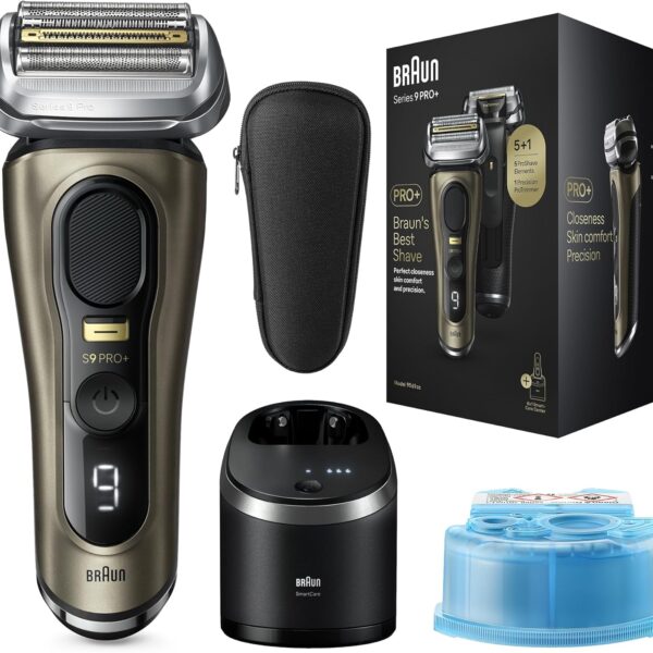 Braun Series 9 Pro+ 9569cc Wet & Dry Shaver, Electric Razor for Men, Pro Shave Elements & Precision Long Hair Trimmer, 6-in-1 SmartCare Center and Travel Case, 60min Battery Runtime - Gold