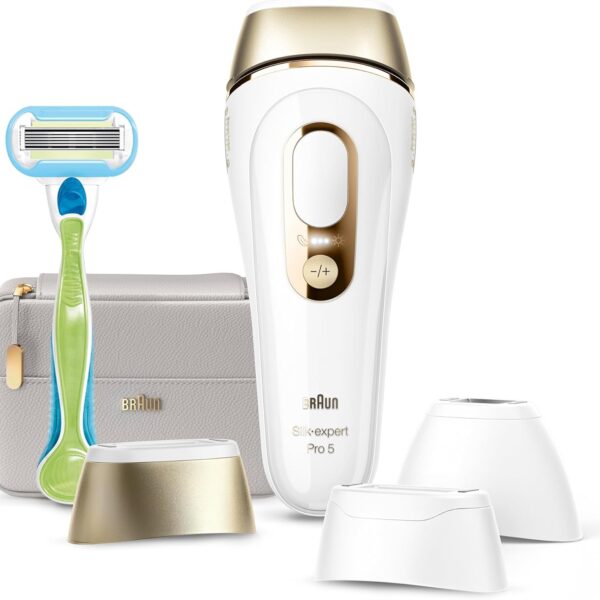 Braun Silk·expert Pro 5, At-Home Laser, IPL Hair Removal Device, Permanent Visible Hair Removal, 1 Standard & 1 Precision & 1 Wide Head & Venus Razor, Gift for Women, PL5257, White/Gold