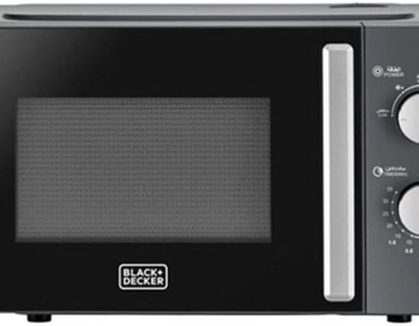 BLACK+DECKER Microwave Oven, 20L, 700W Power, 30-Min Timer, Rotary Dial Control, Chrome Finish Knobs, 5 Power Levels for Precise Cooking, Compact Design for Kitchens, Black - MZ2015P-B5