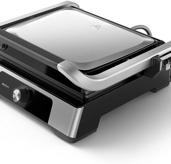 Philips Contact Grill 5000 Series - 2200W, Open 180° Flat Grilling, Adjustable Height, Removable Plates, High Power, Handle Lock, Silver/Black - HD6301/90