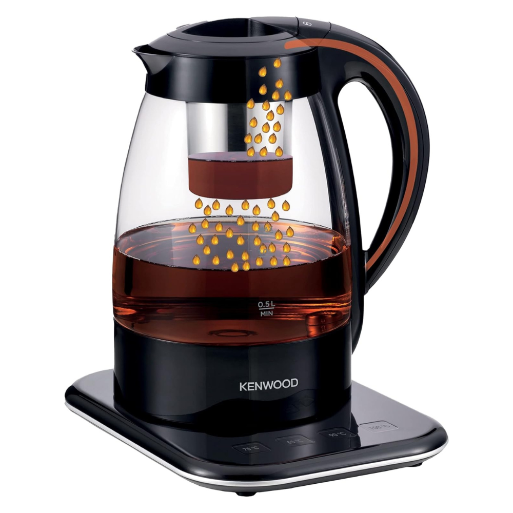 Kenwood 3-In-1 Automatic Tea Maker + Electric Glass Kettle + Drip Coffee Maker 1.2L For Home And Office Tmg70.000Cl Black/Clear