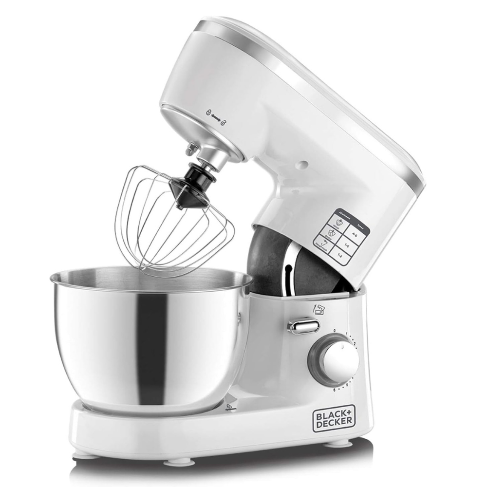 BLACK+DECKER Kitchen Stand Mixer Machine, 1000W Power, 4L Large Capacity, Stainless Steel Bowl, 6 Speed Settings for Perfect Baking Results, Easy Mixing & Kneading, , SM1000-B5