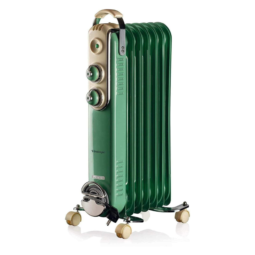 Ariete Vintage Oil Radiator with 7 Heating Elements, Adjustable Temp at 3 Power Levels 600W, 900W, 1500W, Swivel Wheels, Fast Room Heater Ideal for Bedroom, Home and Office - Green ART837