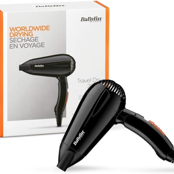 BaByliss Hair Dryer, Powerful 2000w Drying Performance With Dual Voltage For Travel Convenience, 2 Heat And Speed Settings With Fast Drying Time, Lightweight And Portable Design, 5344SDE (Black )