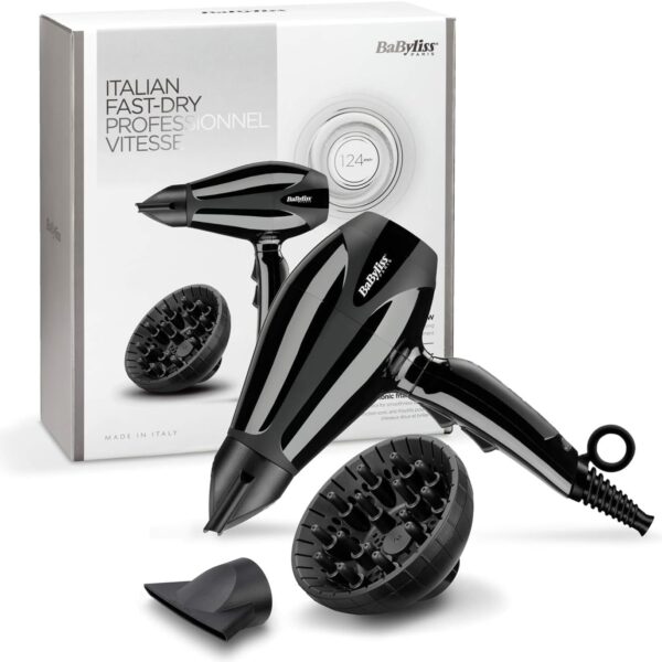 BaByliss Compact Pro 2400 ​Hair Dryer AC, Italian Made For Quality & Long-lasting Performance, Ultra-slim Nozzle With Ionic Frizz Control Technology, Portable Dryer With Diffuser, 6715DSDE (Black)