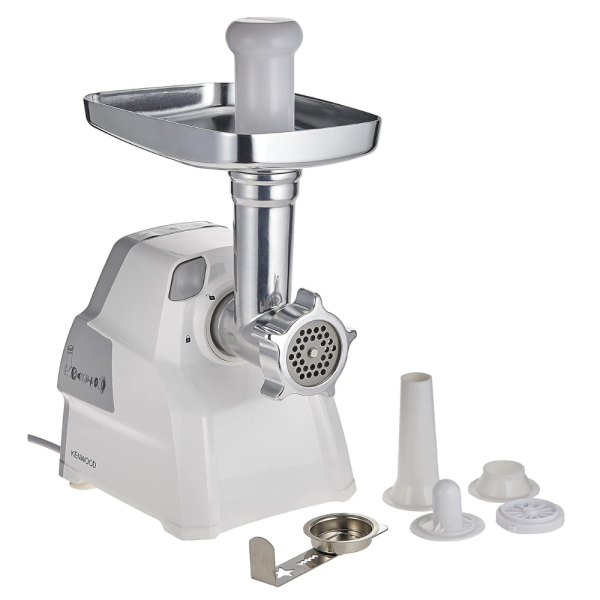 KENWOOD Meat Grinder 2100W Meat Mincer with Kibbeh Maker, Sausage Maker, Biscuit Attachment, Feed Tube Pusher, 3 Stainless Steel Screens for Fine, Medium & Coarse Results MGP40.000WH White