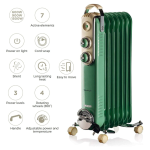 Ariete Vintage Oil Radiator with 7 Heating Elements, Adjustable Temp at 3 Power Levels 600W, 900W, 1500W, Swivel Wheels, Fast Room Heater Ideal for Bedroom, Home and Office - Green ART837