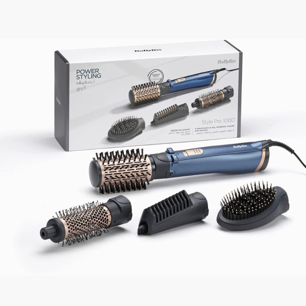 BaByliss Air Styler Pro 1000, 38mm Thermal Brush With 2, 2m Swivel Cord, Rotating 50mm Soft Bristle Brush With 2 Heats Plus A Cool Setting lightweight Design & Salon-quality Results, AS965SDE (Blue)