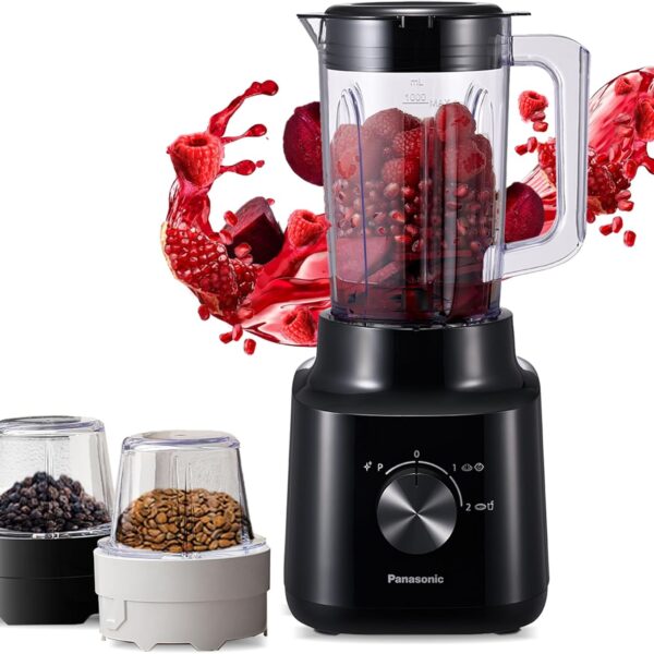 Panasonic 450w motor blender, curved stainless steel blade for smooth blending, 1.45L plastic jug for easy handling, 2 dry mill for grinding, 2 speed+1 pulse, safety lock-MX-CP3121