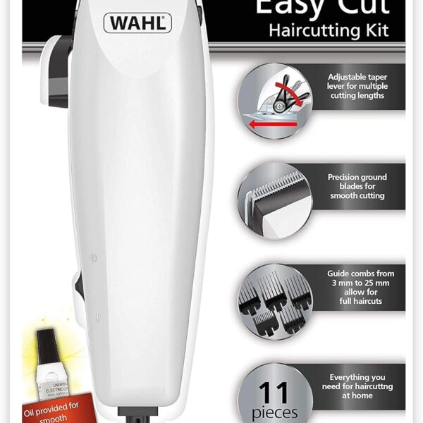 WAHL Easy Cut 11-piece complete hair clipper kit, Self-sharpening Blades Hair Cutting Kit, Adjustable taper lever for multiple cutting lengths,6 Guide Combs, White, 09314-3327