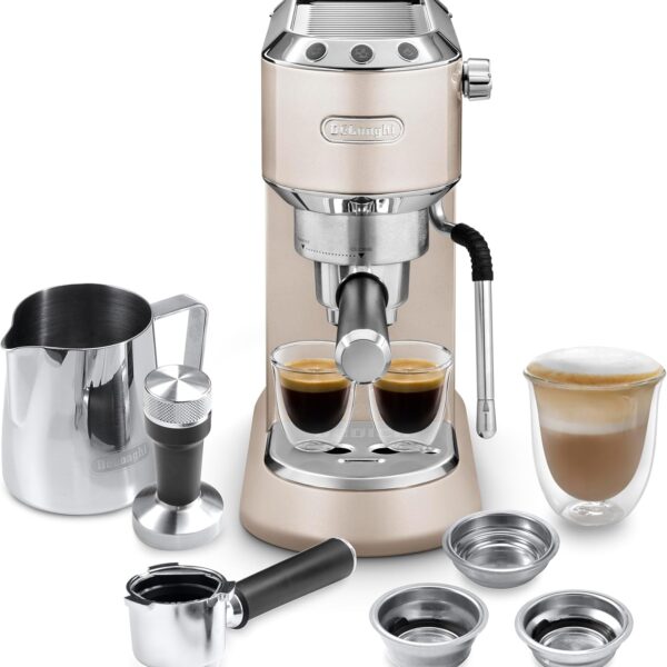 De'Longhi Dedica Arte Espresso Machine - MyLatteArt Milk Foam Nozzle, 15 BAR Pressure, Steel Tamper Included, Beige Gold - Create Perfect Espresso, Cappuccinos, and Latte Art at Home - EC885.BG