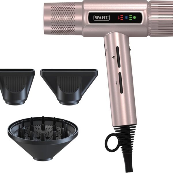 Wahl Vanquish Rose Gold Hair Dryer, Lightweight, LED Display, Quiet, Professional, 3 Attachments, Powerful, Cool Drying, 3 Speed-Settings, Auto-Clean, Even Drying, Quick Dry